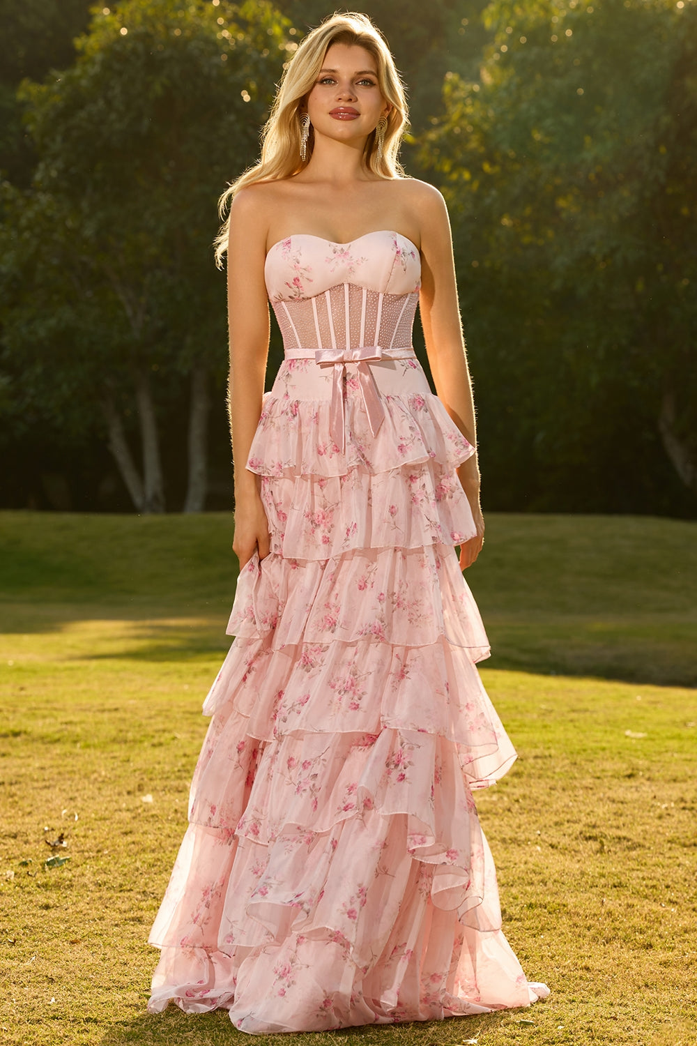 Yellow Blue Floral Strapless Corset A Line Prom Dress