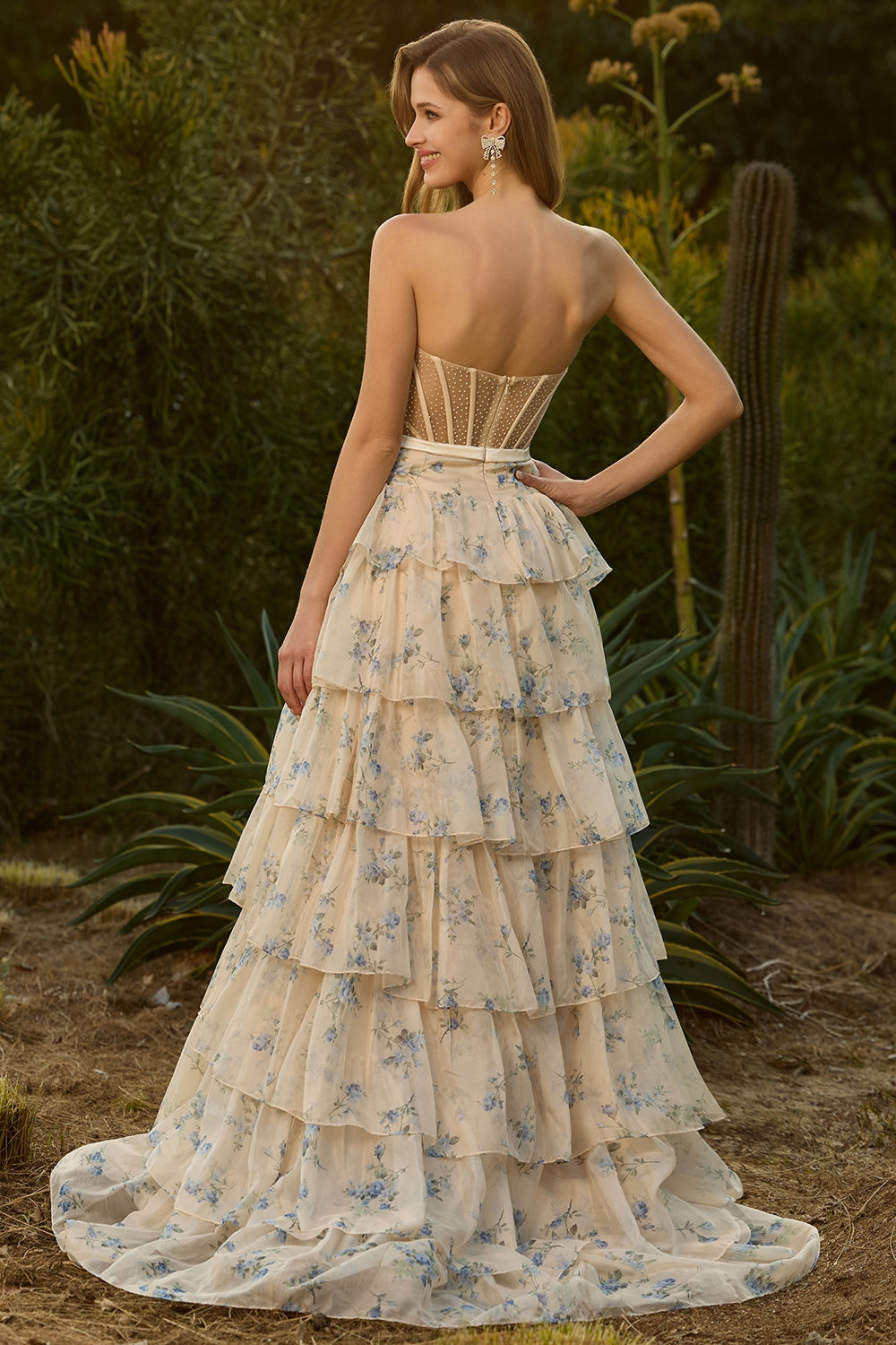 Yellow Blue Floral Strapless Corset A Line Prom Dress