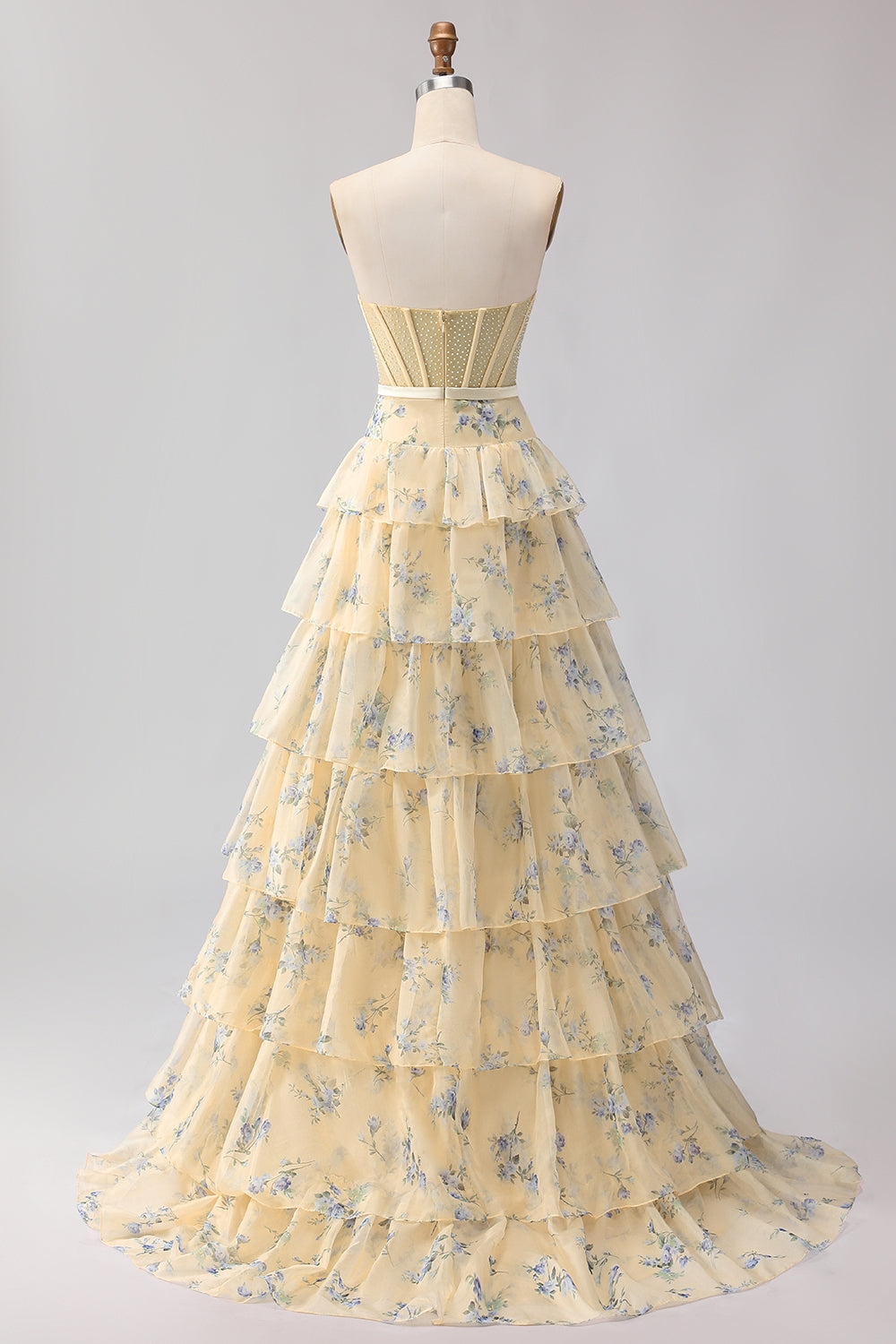 Champagne Orange Floral Corset A Line Strapless Prom Dress