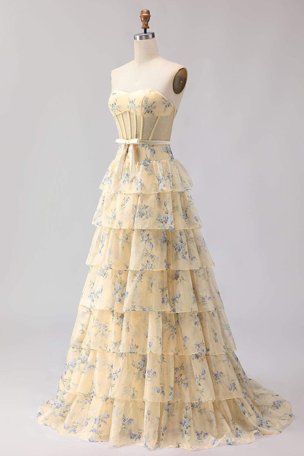 Yellow Blue Floral Strapless Corset A Line Prom Dress