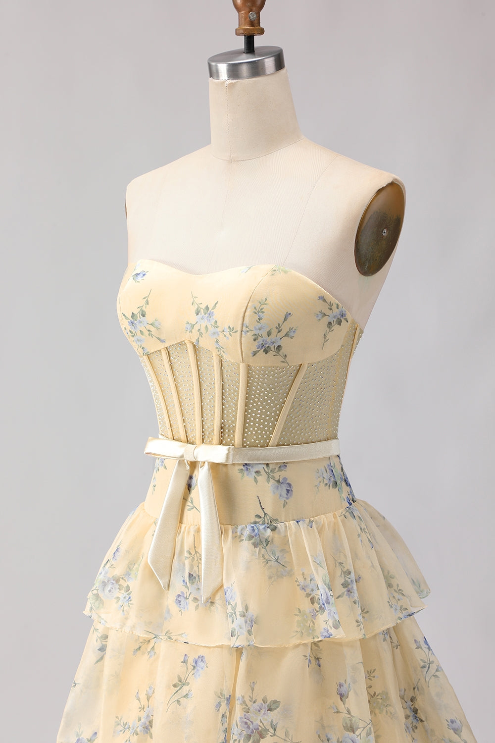Strapless Pink Floral Corset A-Line Prom Dress With Ruffles