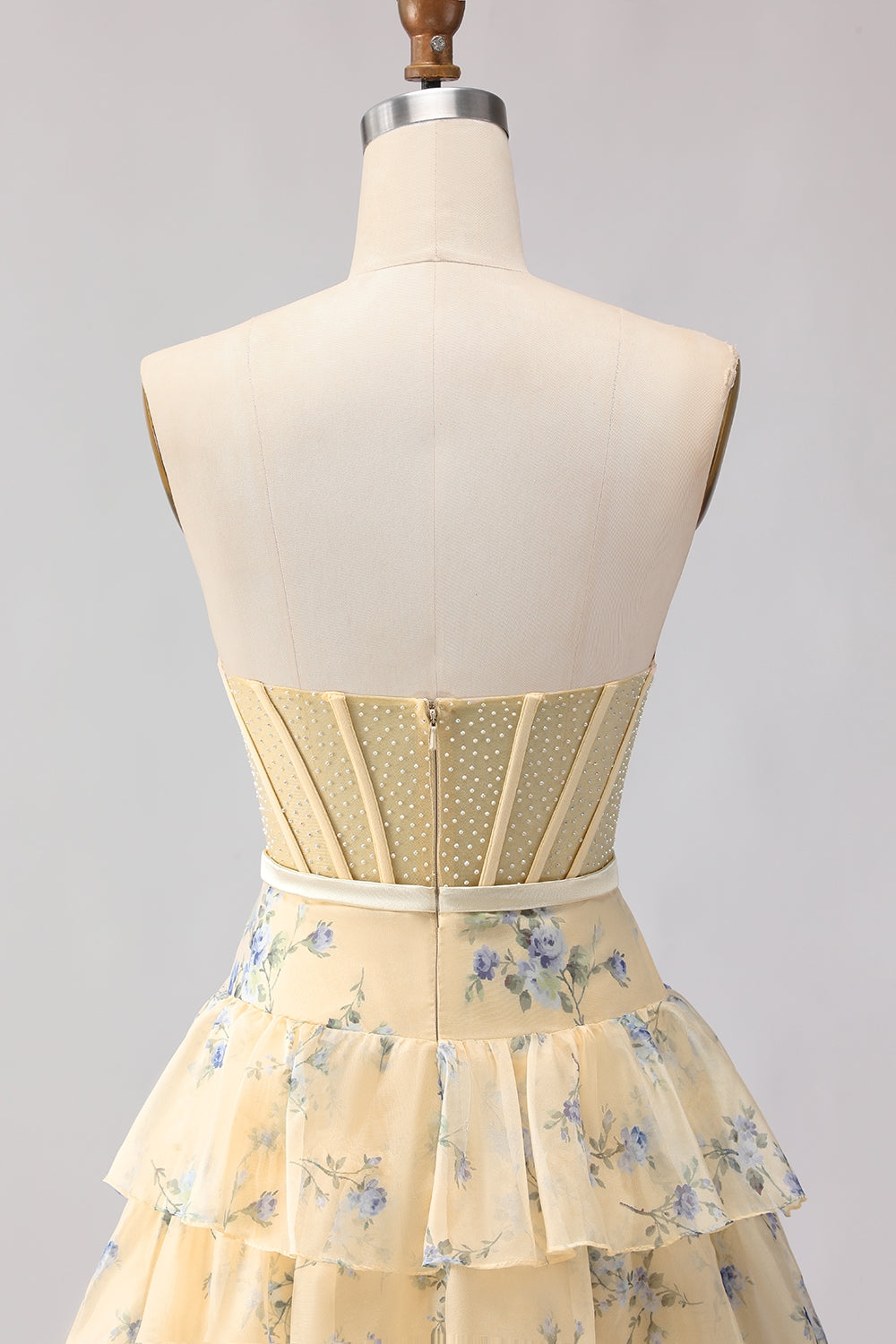 Yellow Blue Floral Strapless Corset A Line Prom Dress