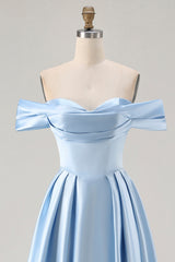 Off The Shoulder A-Line Satin Blue Bridesmaid Dress with Slit
