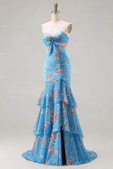 Blue Floral Mermaid Sweetheart Prom Dress With Slit