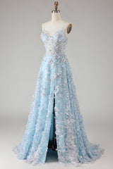 Blue A-Line Appliqued Spaghetti Straps Prom Dress With Slit