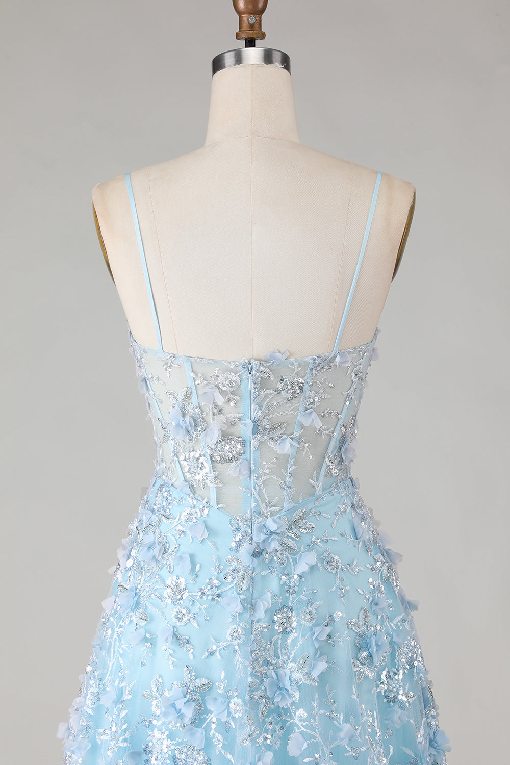Blue A-Line Appliqued Spaghetti Straps Prom Dress With Slit