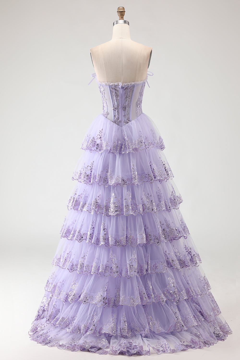 Strapless Tiered A-Line Tulle Corset Blush Prom Dress With Slit