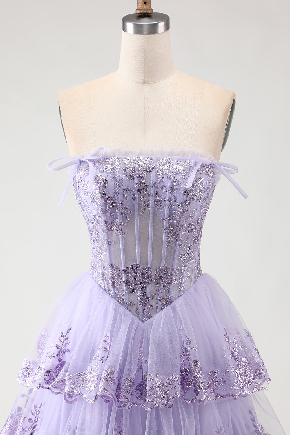 Strapless Tiered A-Line Tulle Corset Blush Prom Dress With Slit