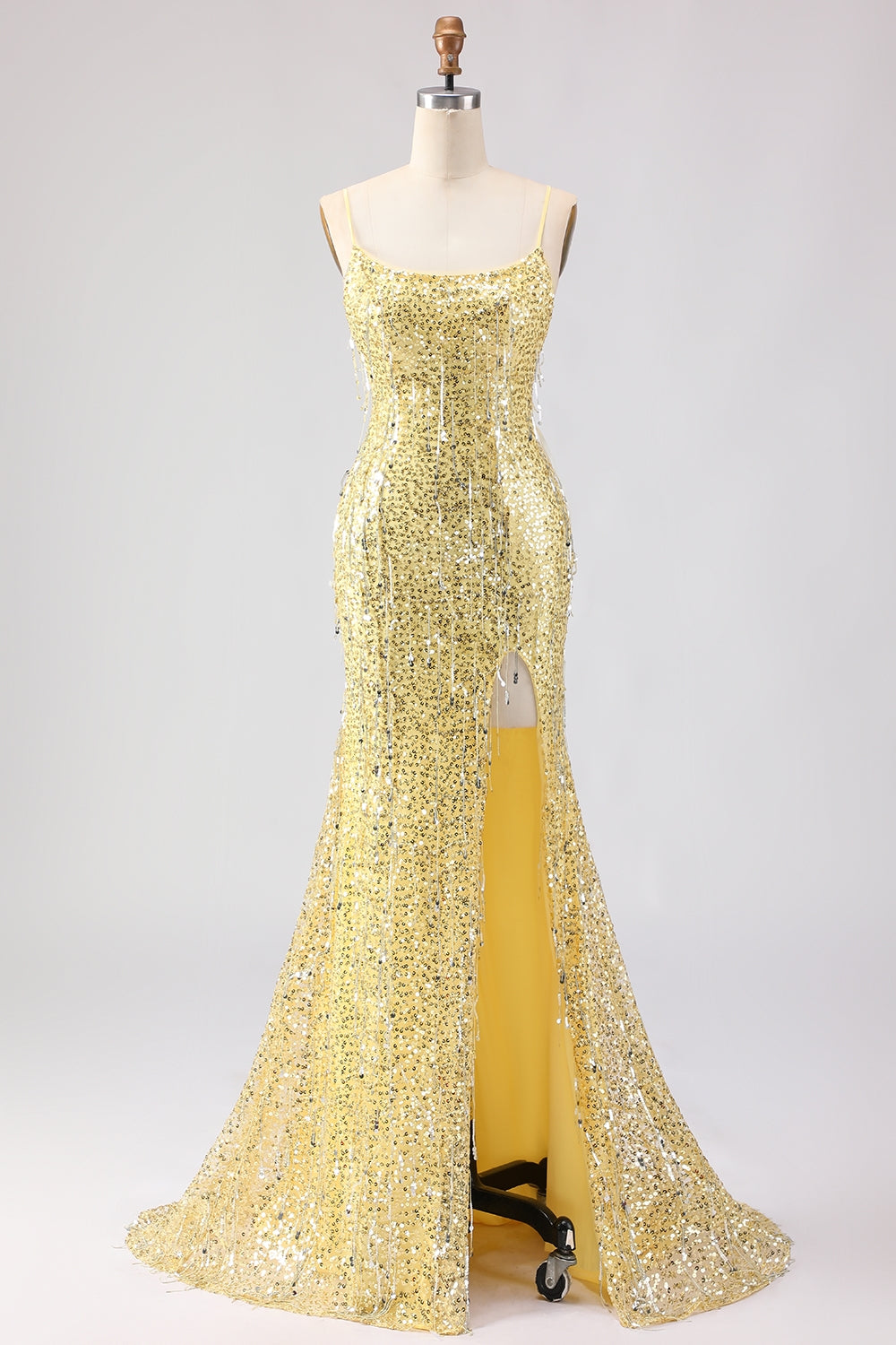 Sparkly Yellow Mermaid Maxi Prom Dress with Slit