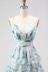 Blue A-Line Tiered Floral Prom Dress With Slit