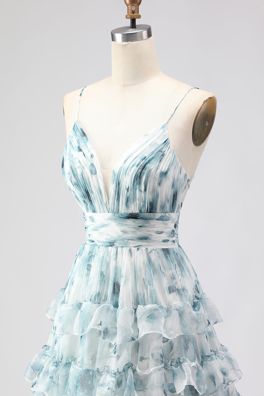 Blue A-Line Tiered Floral Prom Dress With Slit