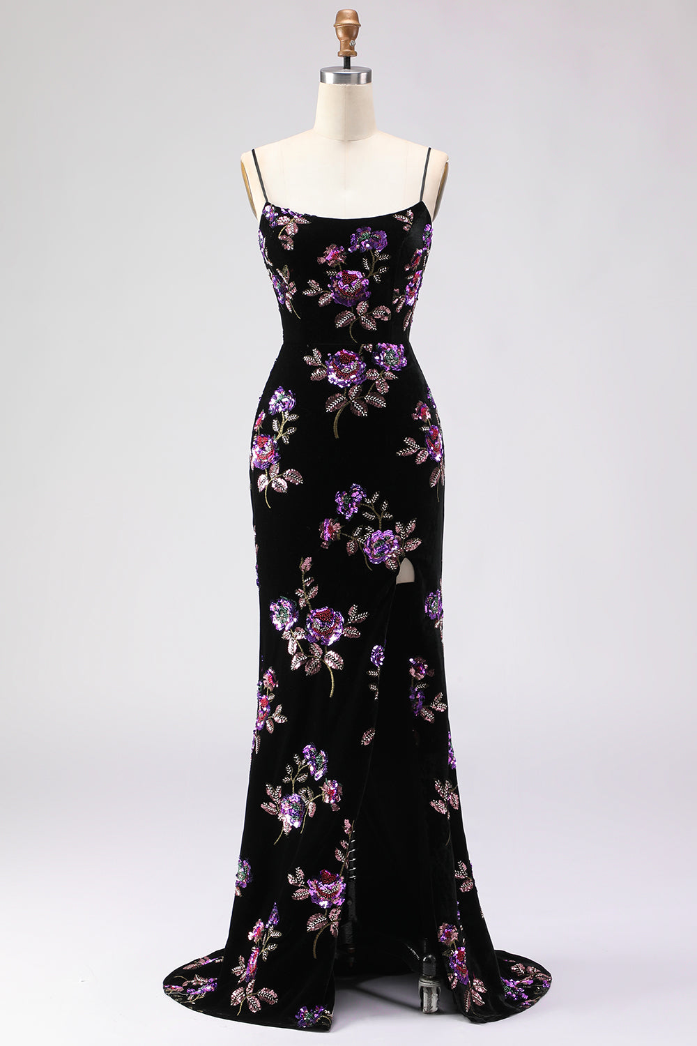Black Mermaid Lace Up Back Sequin Prom Dress With Slit