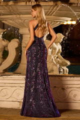 Glitter Grape Halter Beaded Mermaid Prom Dress With Slit