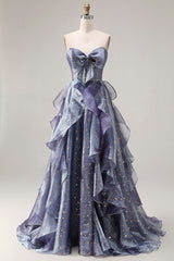 Sparkly Strapless A Line Ruffled Dusty Blue Prom Dress