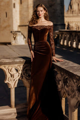 Brown Velvet Off The Shoulder Mermaid Holiday Dress With Lace Long Sleeves