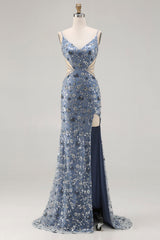 Mermaid Sequin Dusty Blue Cut Out Prom Dress With Slit