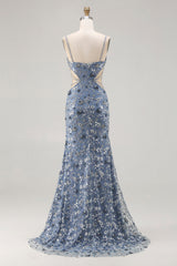 Mermaid Sequin Dusty Blue Cut Out Prom Dress With Slit