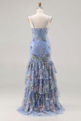 Blue Mermaid Floral Ruffled Sequin Prom Dress With Slit
