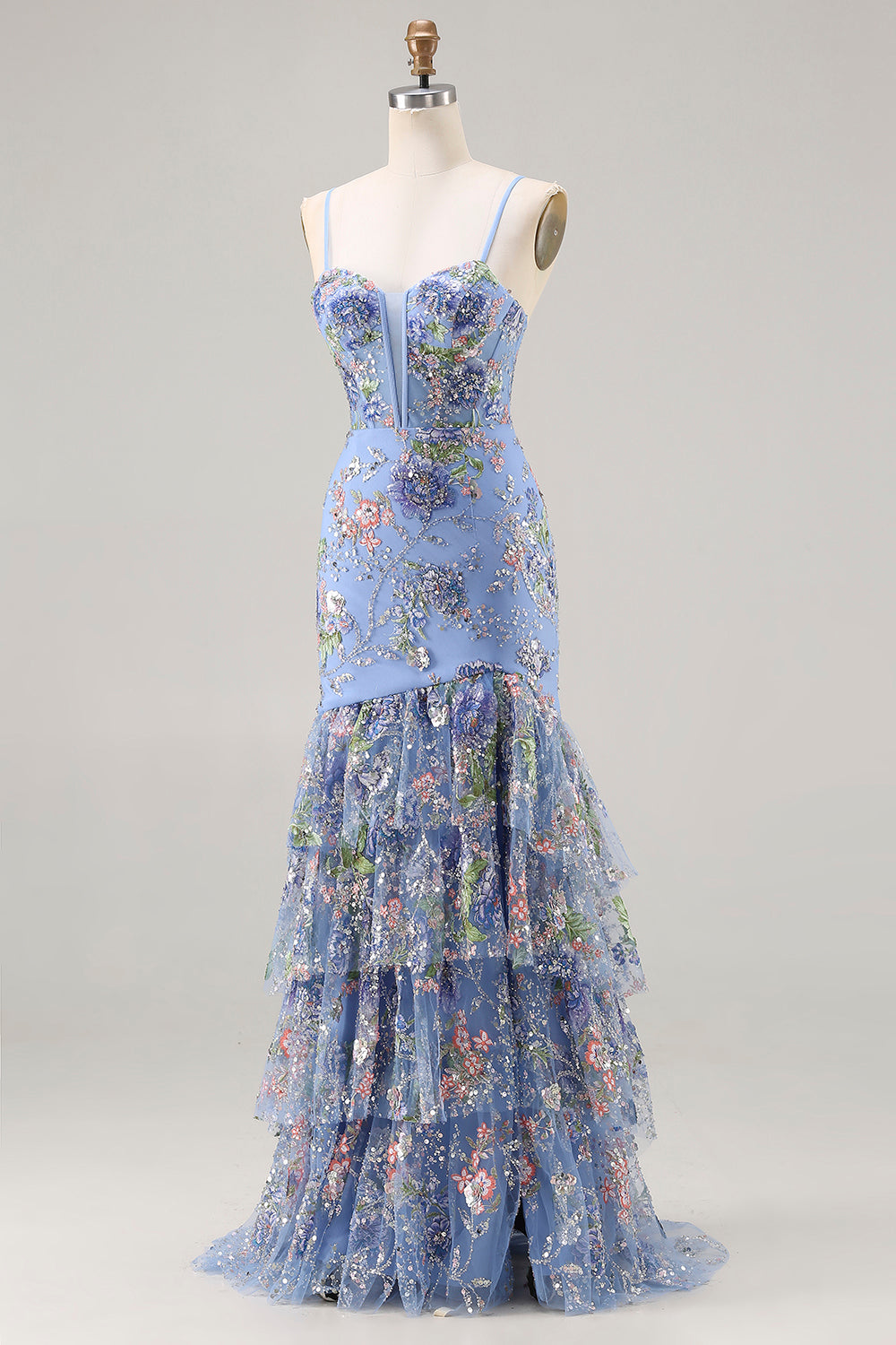 Blue Mermaid Floral Ruffled Sequin Prom Dress With Slit