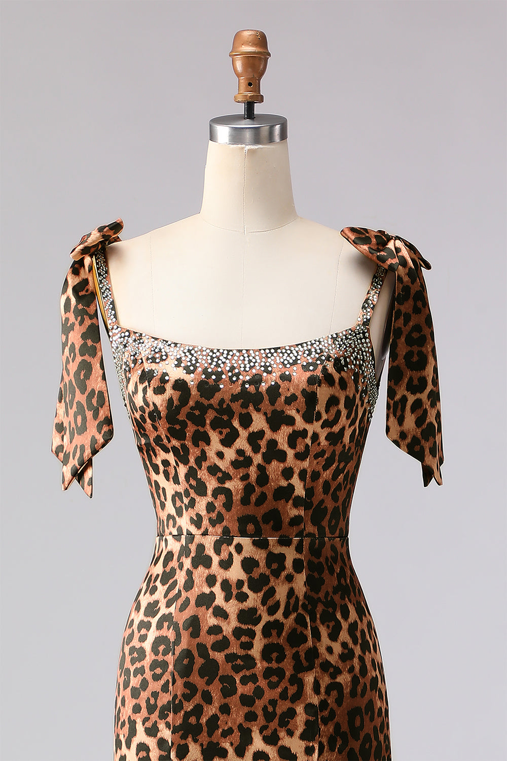 Brown Leopard Mermaid Spaghetti Straps Prom Dress With Slit