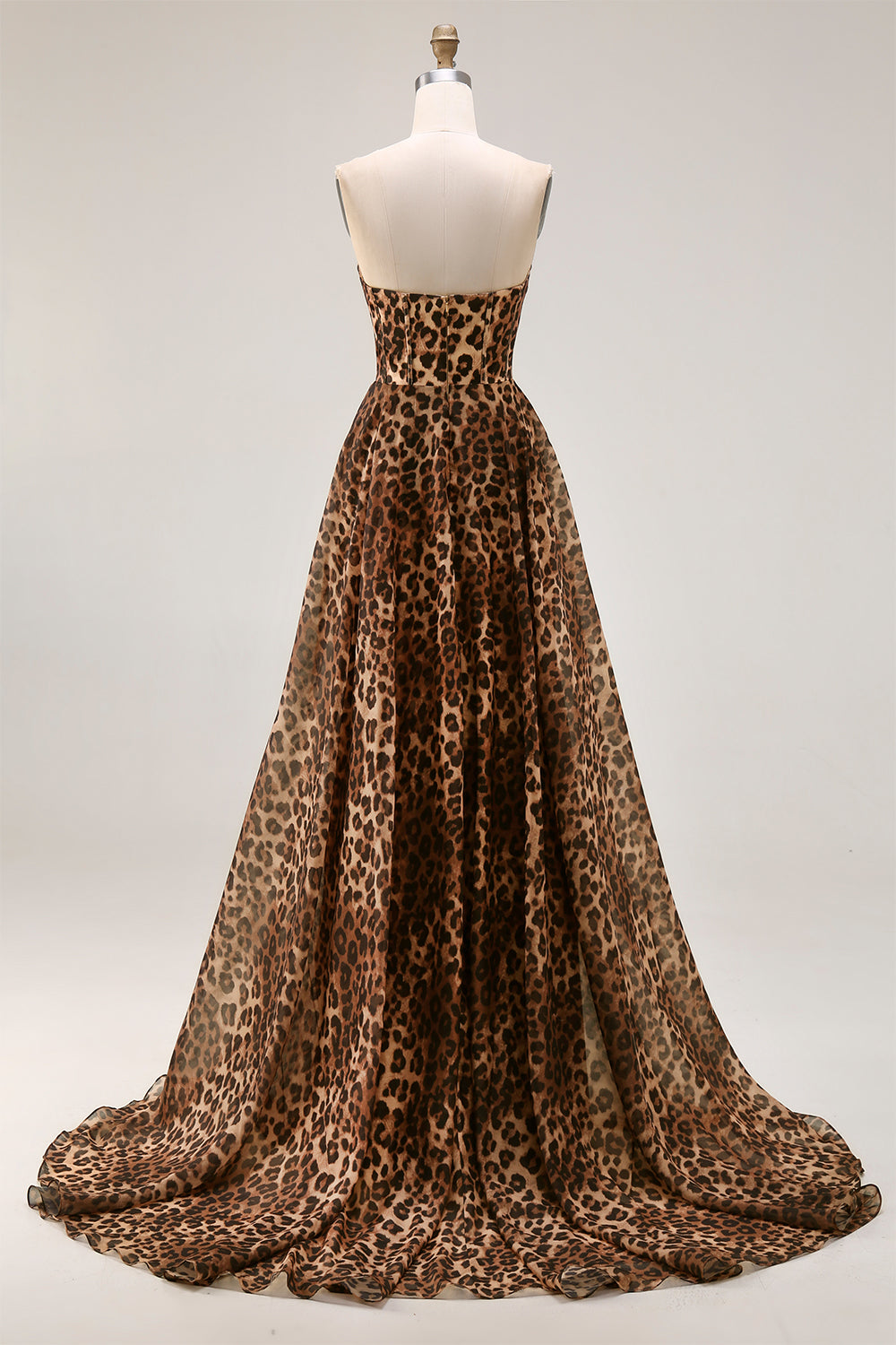 Strapless Brown Leopard A-Line Corset Prom Dress With Slit