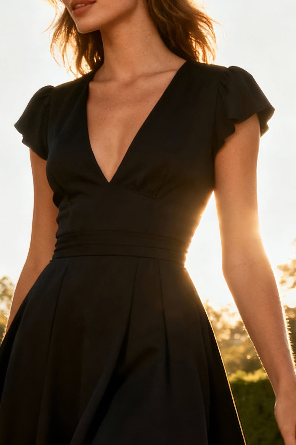 Black A-Line V-Neck Mini Dress