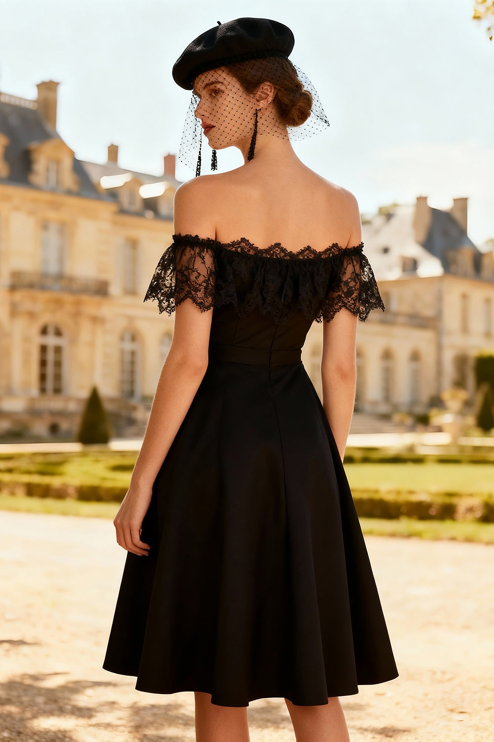 Off The Shoulder Black A-Line Cocktail Dress With Lace