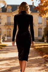 Black Velvet High Neck Bodycon Cocktail Dress With Slit