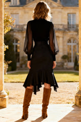 Black High Neck Cocktail Dress With Sheer Sleeves