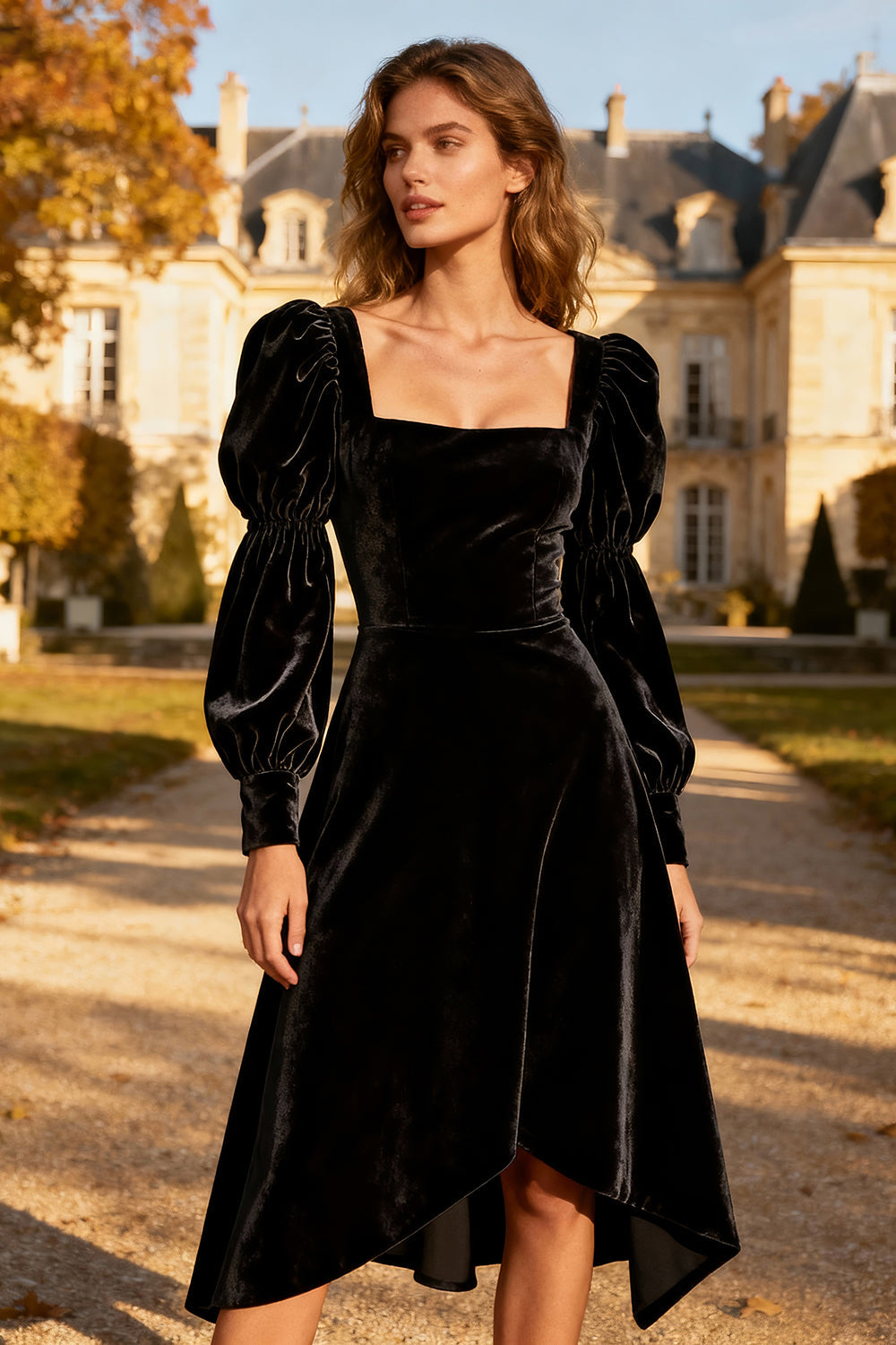 Velvet A-Line Square Neck Little Black Dress