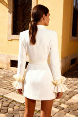 White Peak Lapel Blazer Dress With Ruffle Sleeves