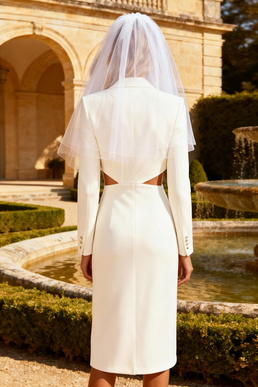 Cut Out White Pencil Peak Lapel Work Dress With Slit