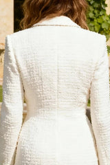 Tweed Peak Lapel Double Breasted White Work Dress