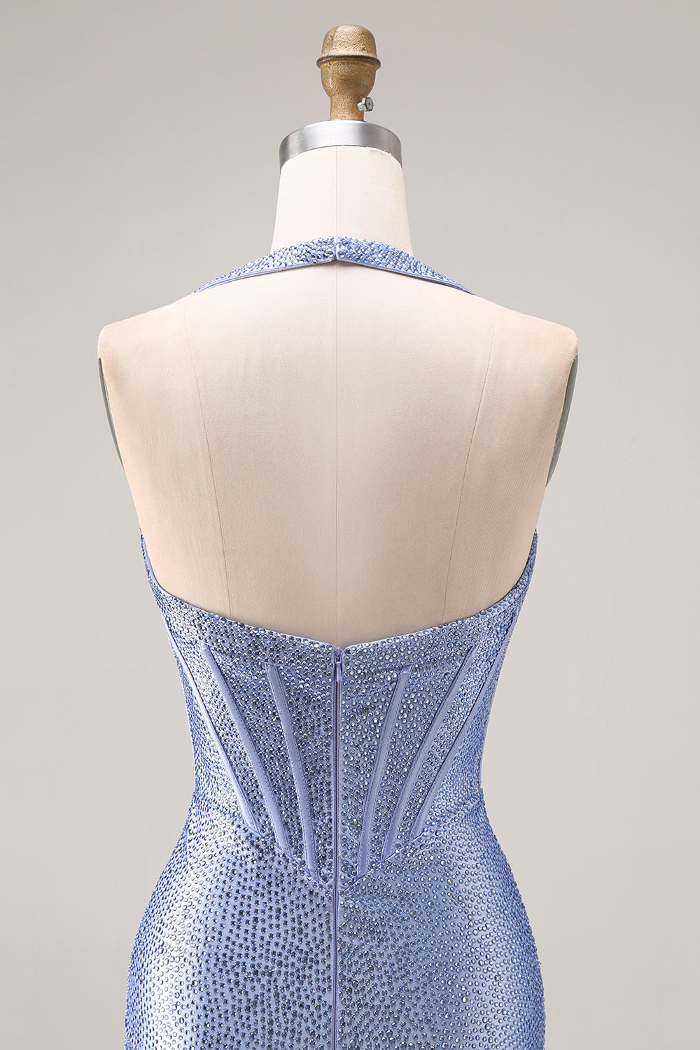 Halter Mermaid Light Blue Corset Beaded Prom Dress