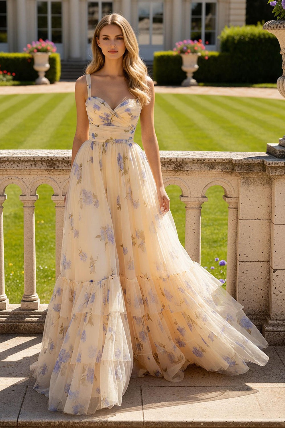 Yellow Flower Print A-Line Prom Dress With Ruffles