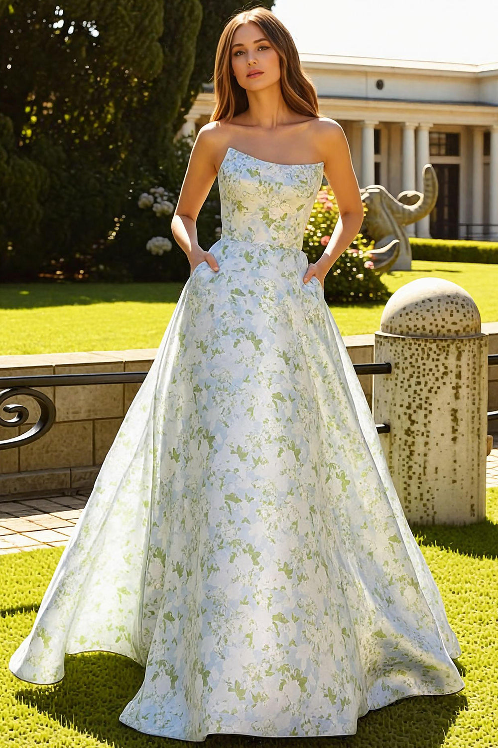 Strapless Blue White Flower A-Line Prom Dress With Pockets