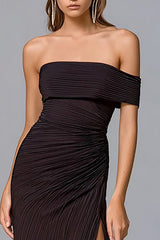 Coffee Off The Shoulder Sheath Pleated Formal Dress With Slit