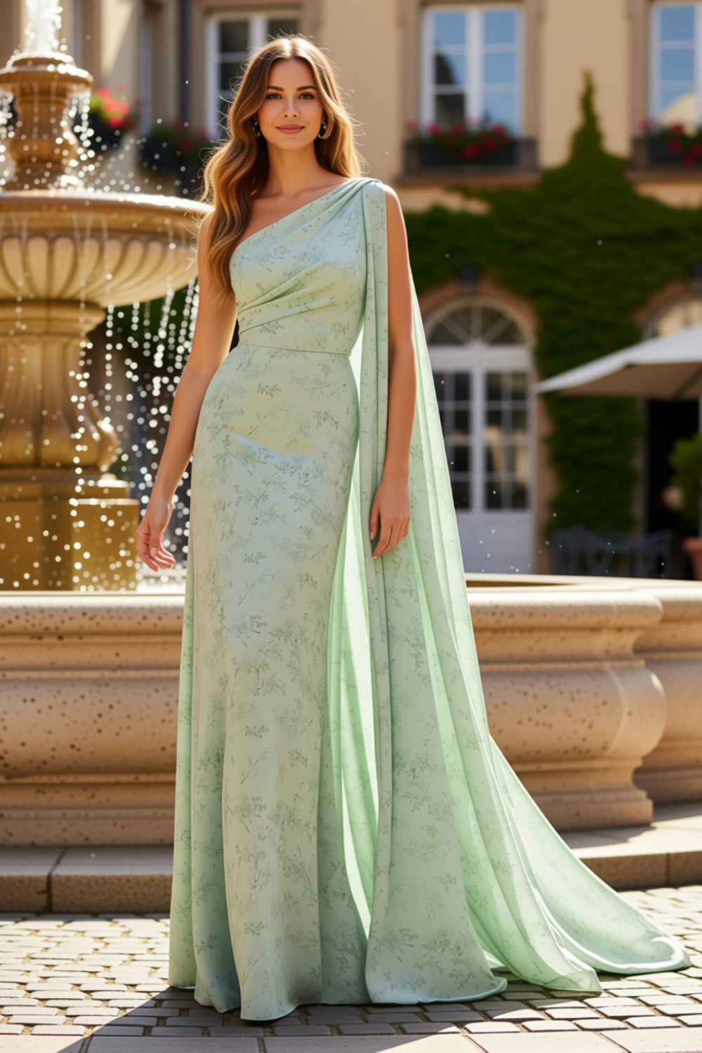 One Shoulder Sheath Sage Maxi Floral Dress With Cape