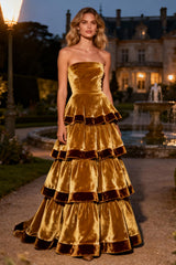 Brown Velvet Strapless A Line Tiered Ruffle Maxi Holiday Party Dress