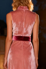 Pink High Neck Velvet Long Formal Dress