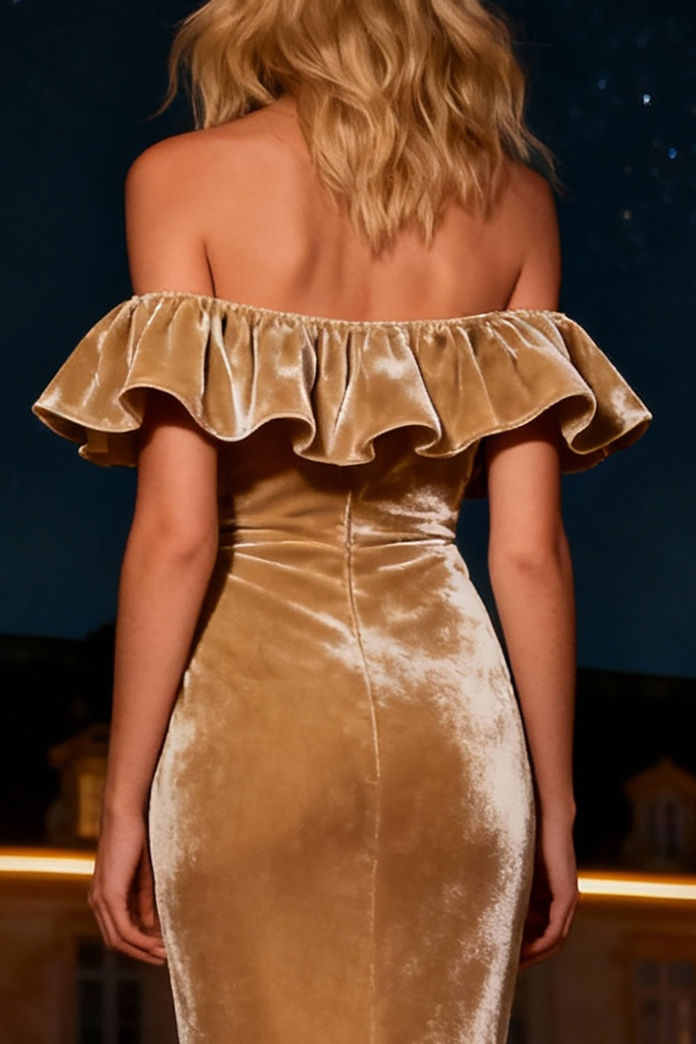 Off The Shoulder Champagne Mermaid Maxi Holiday Dress With Ruffles