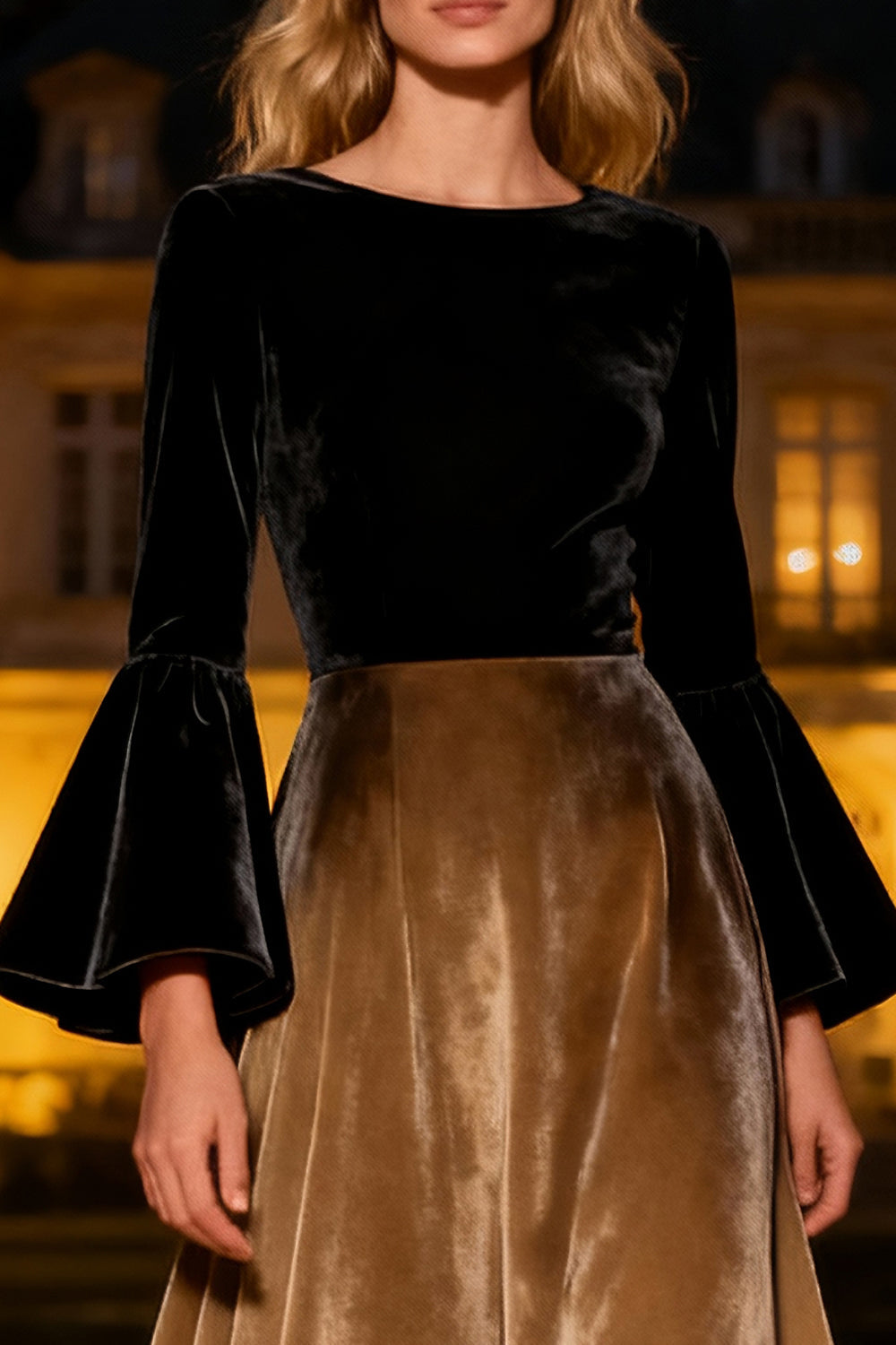 Black A-Line Velvet Maxi Holiday Dress with Flare Sleeves