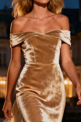 Champagne Off The Shoulder Velvet Long Formal Dress