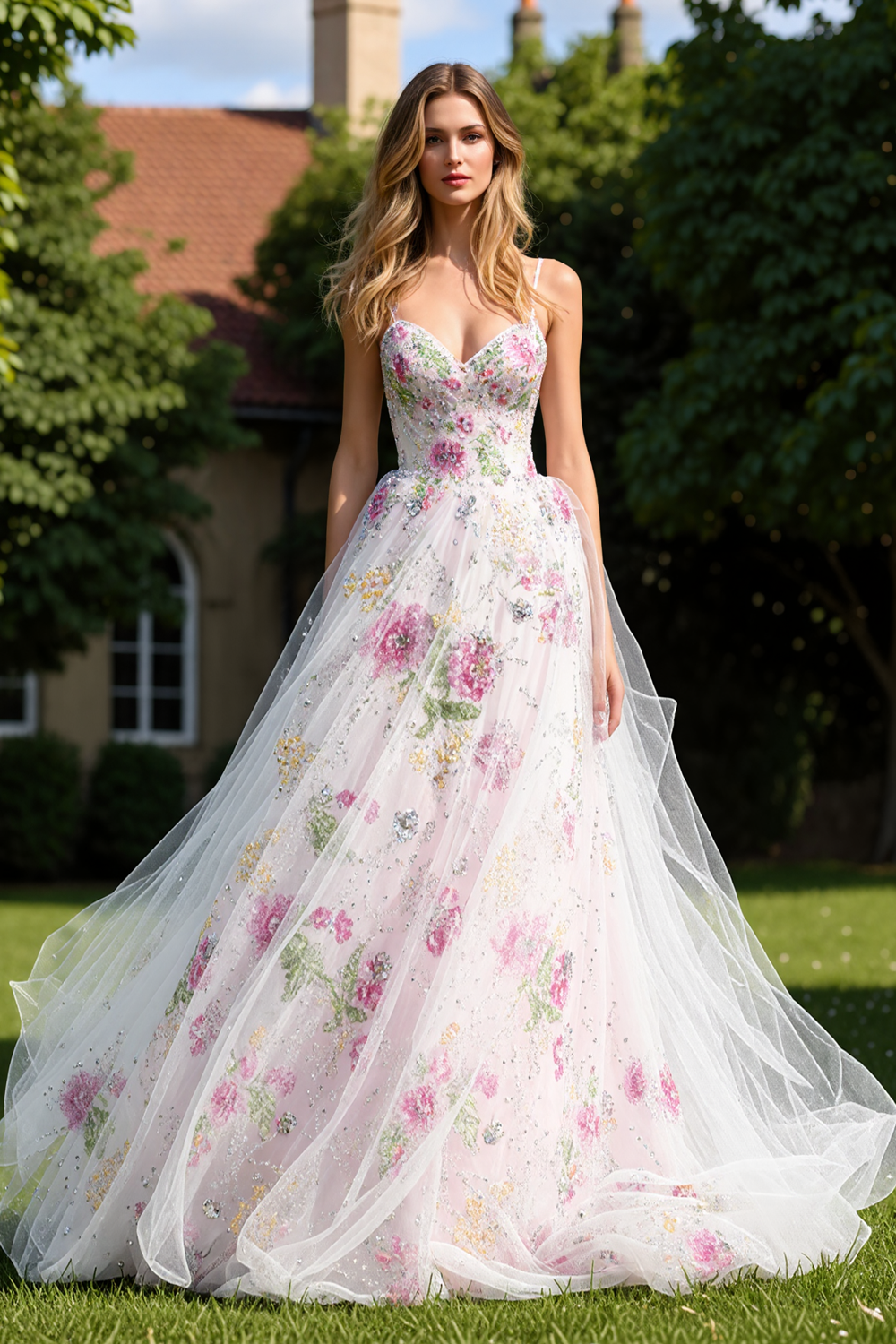 Floral White Spaghetti Straps Princess Prom Dress With Sequins