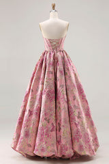 Princess Pink Jacquard Strapless Corset Prom Dress With Lace Up Back