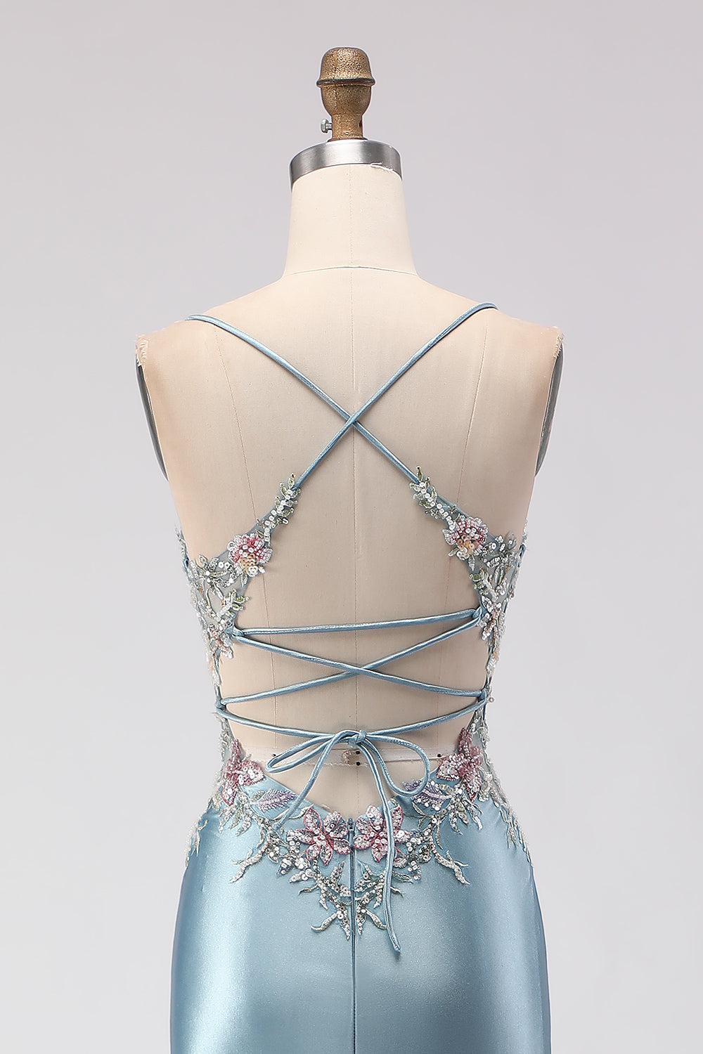 Mermaid Grey Blue Corset Satin Prom Dress With Slit