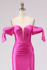 Off The Shoulder Fuchsia Beaded Mermaid Prom Dress With Slit