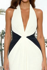 White Halter Sheath Satin Maxi Formal Dress