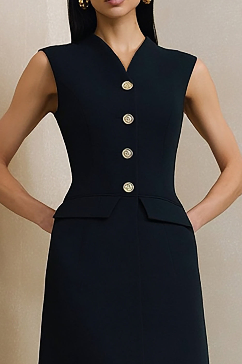 Simple Black A Line Single Breasted Midi Work Dress