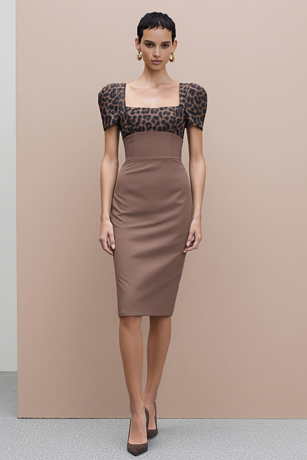 Brown Square Neck Bodycon Midi Work Dress